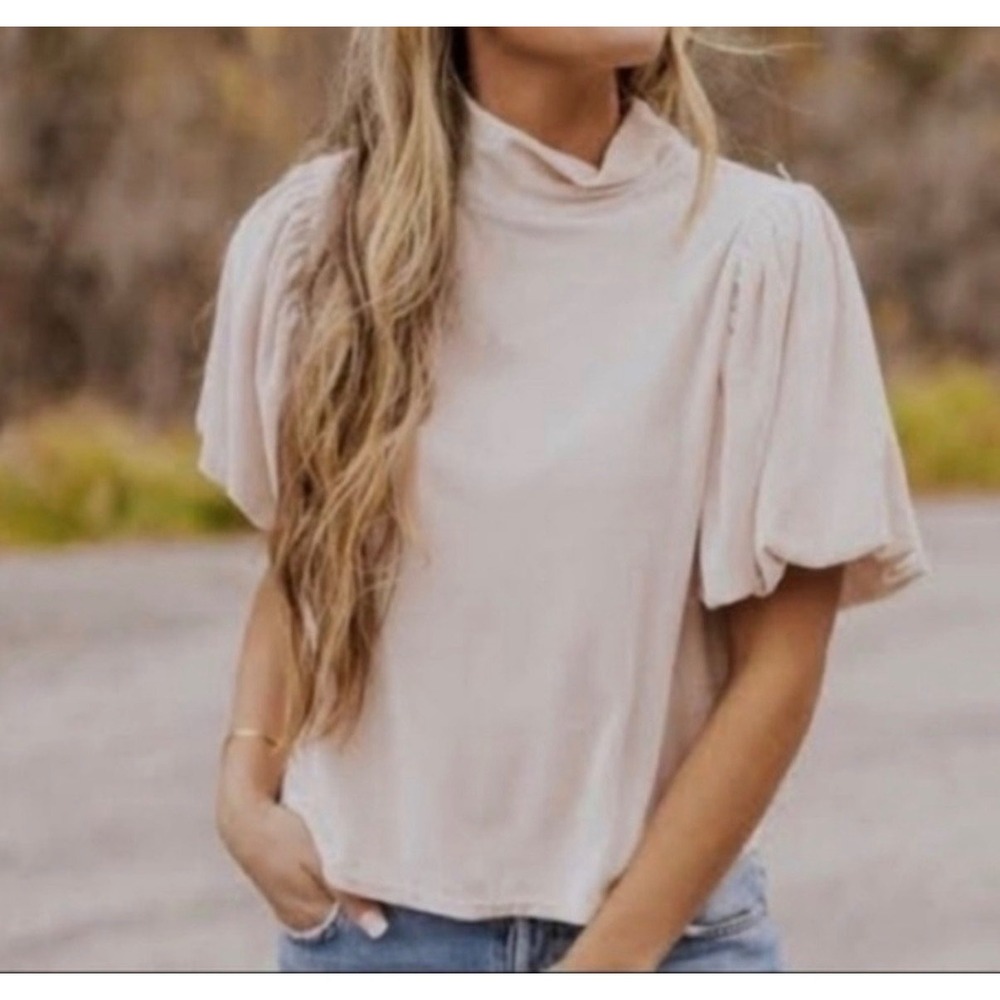 A30 Free People Blush Pink Velvet Mock Neck Puff Sleeve Pleated Top‎ Size Medium